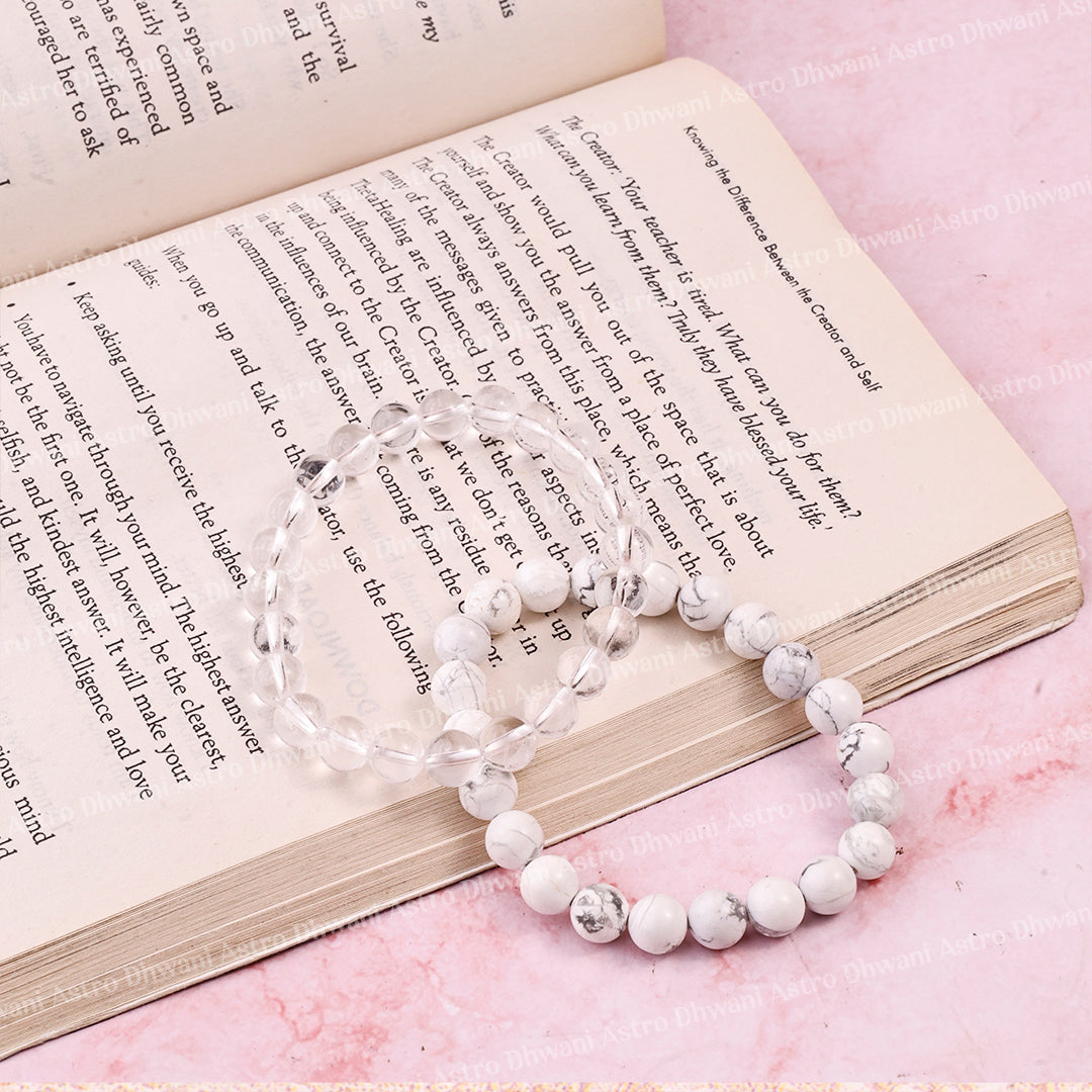 Chain ki Nind: Howlite & Clear Quartz Bracelet - Abhimantrit & Certified