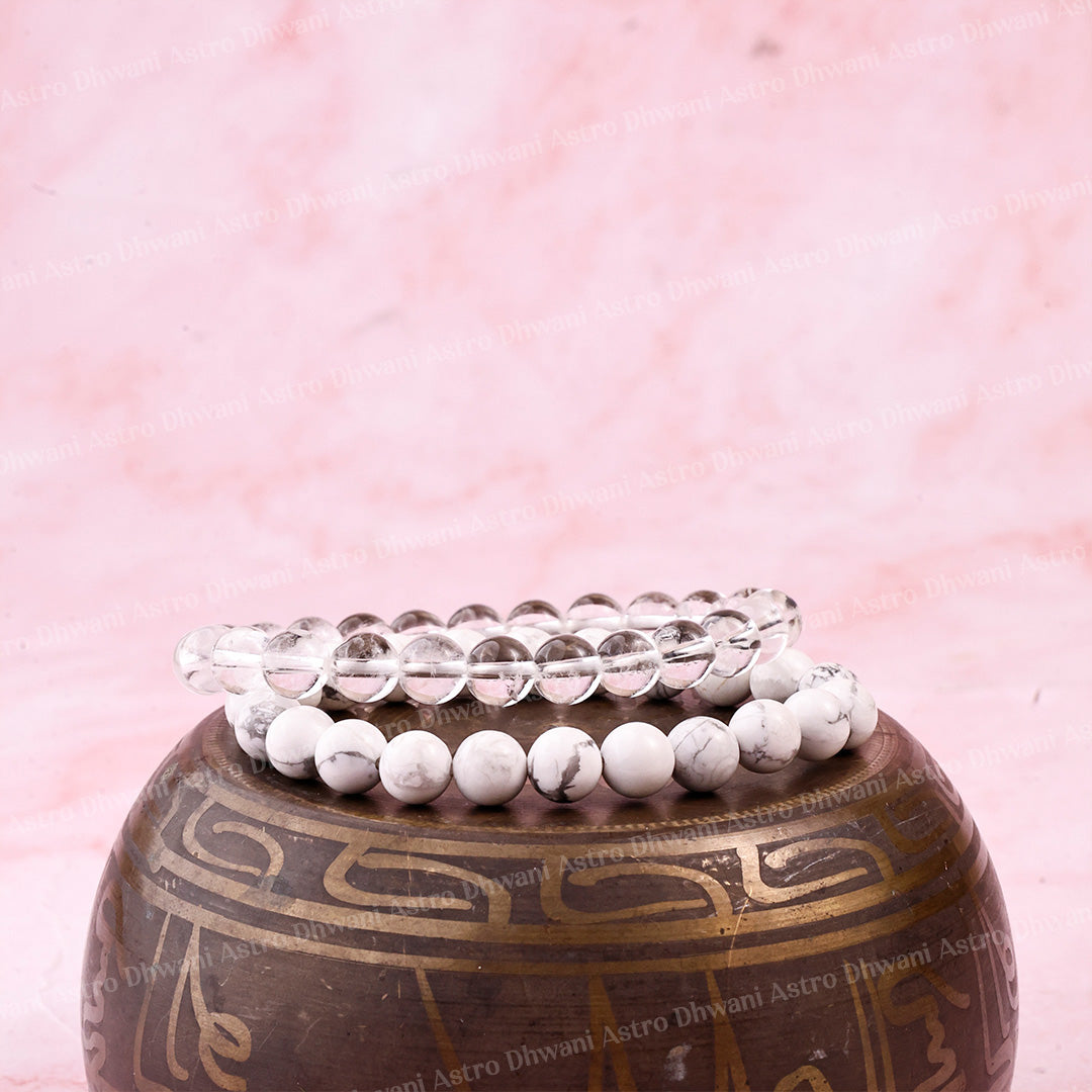 Chain ki Nind: Howlite & Clear Quartz Bracelet - Abhimantrit & Certified