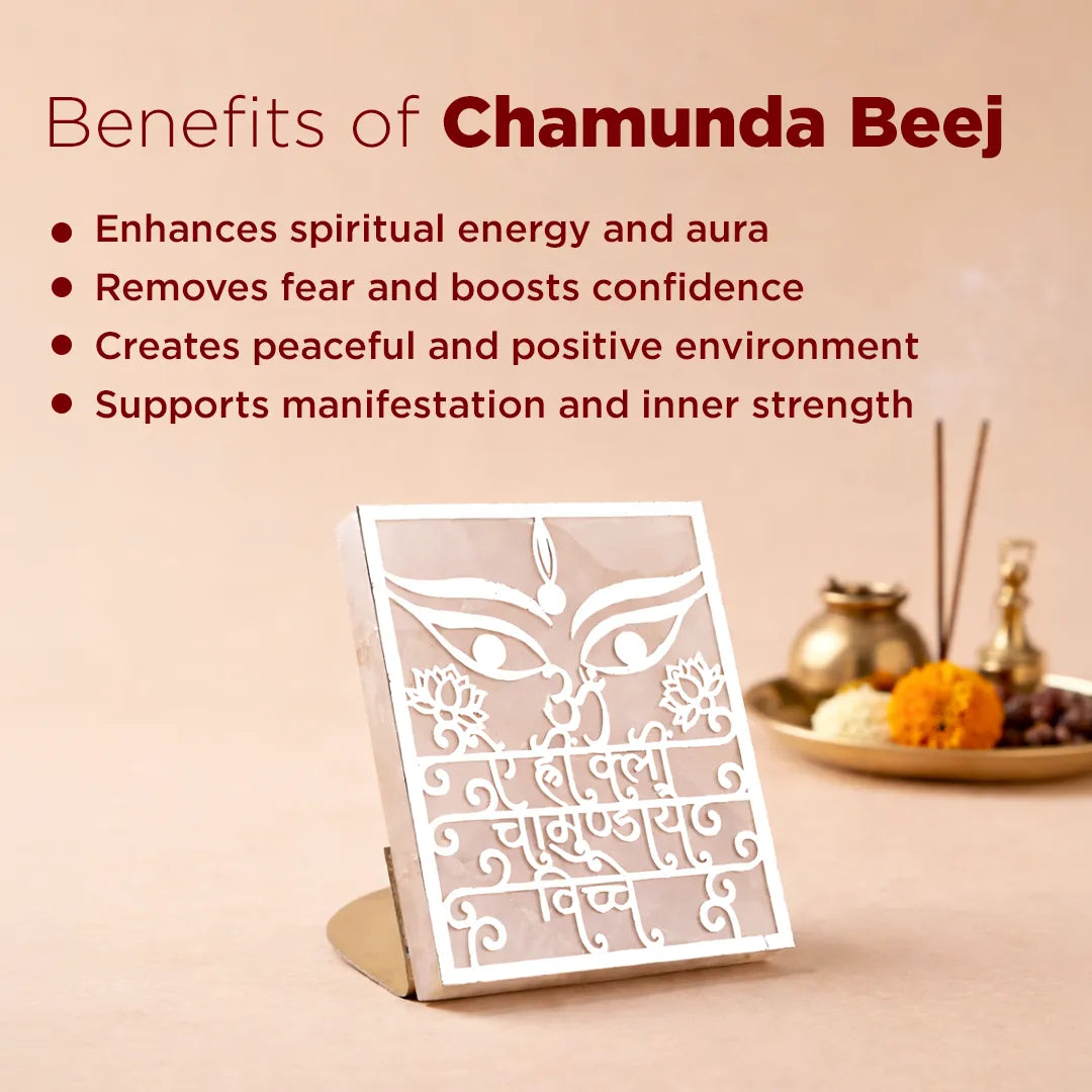 Chamunda Beej card with benefits listed on a decorative background
