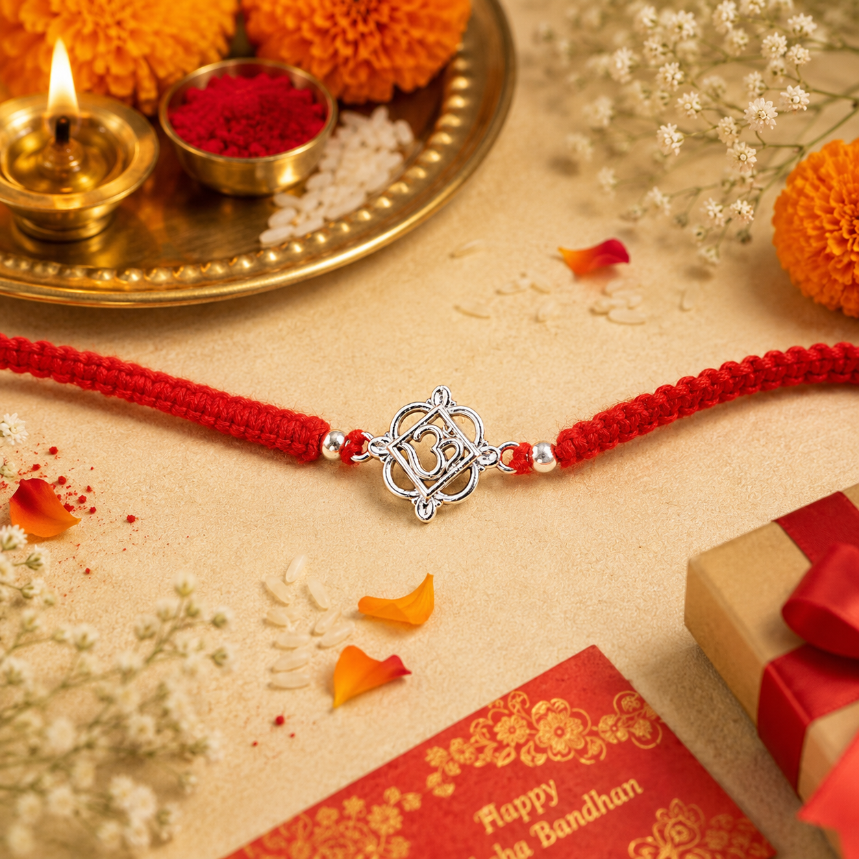 925 Sterling Silver Om Rakhi | Sacred Om Raksha Bandhan Rakhi | Handmade Adjustable Thread Rakhi for Brother