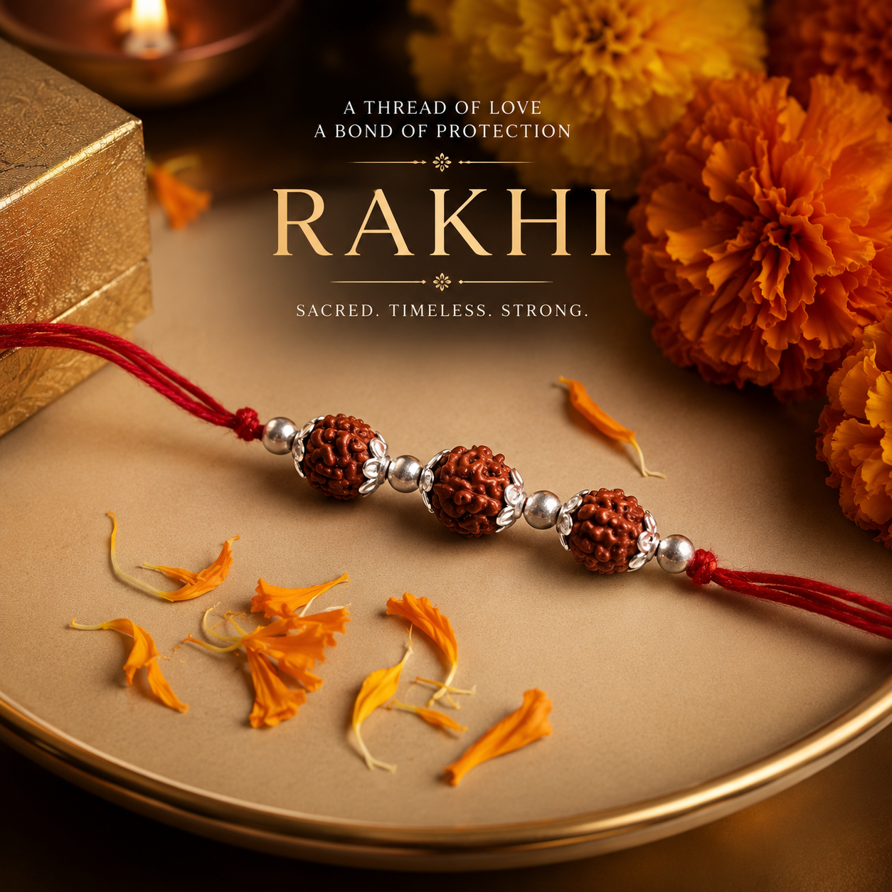 925 Sterling Silver 5 Mukhi Rudraksha Rakhi, Spiritually Energized Raksha Bandhan Bracelet for Brother