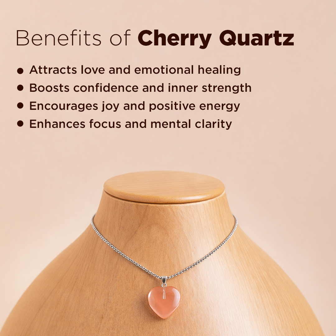 Necklace with cherry quartz pendant on a mannequin against a beige background with text about benefits of cherry quartz.