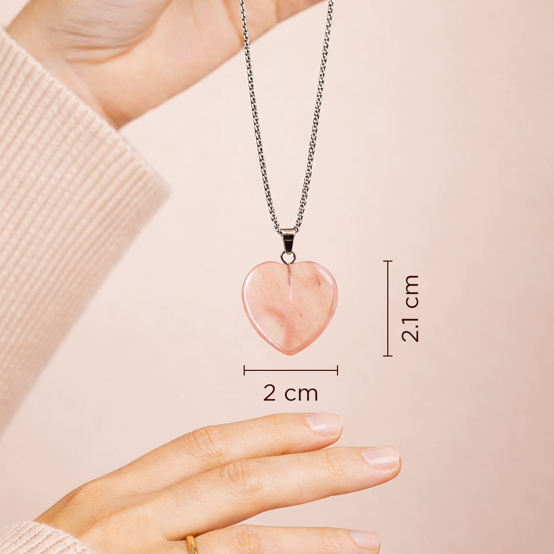 Heart-shaped pink pendant necklace with measurements on a plain backgroundCherry Quartz Heart Pendant (Abhimantrit) for Love & Confidence
