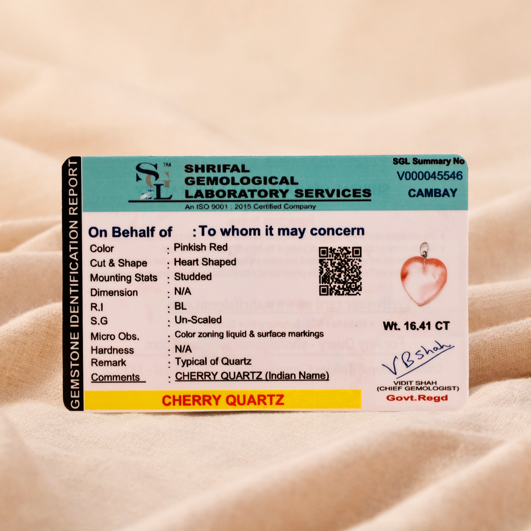 Shrilal Gemological Laboratory Services identification report for cherry quartz on a beige background