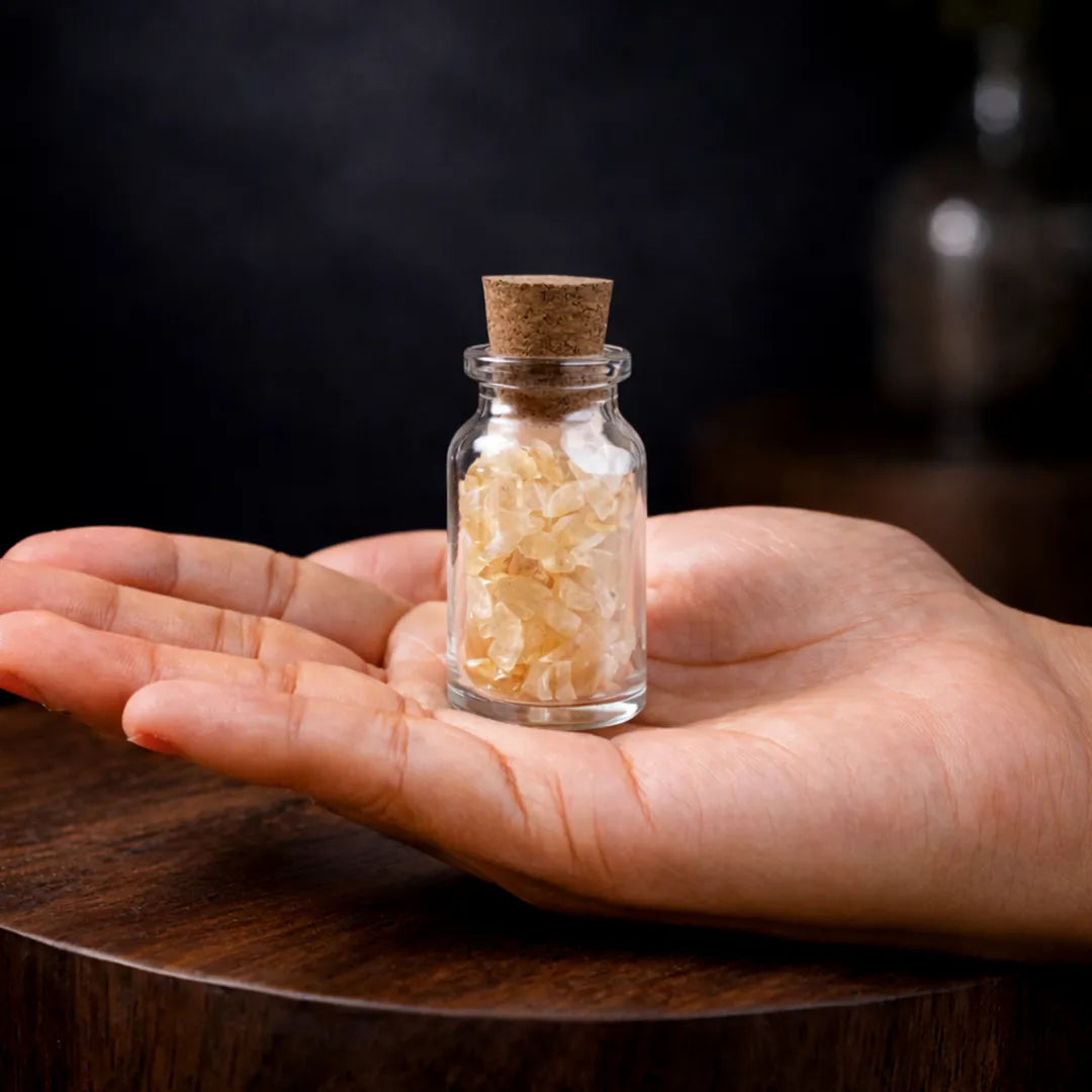 Hand holding a small glass bottle with cork top containing a small amount of light-colored substance on a dark background.Citrine Bottle Chips – Wealth Attraction, Career Growth & Motivation Energy