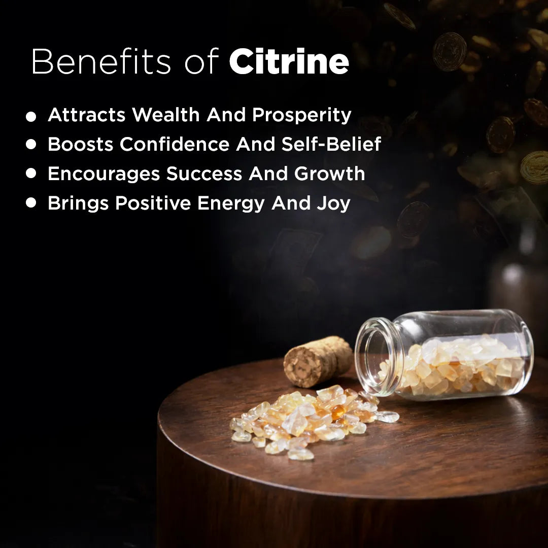 Citrine stones with a jar on a wooden surface, accompanied by text listing benefits of citrine.Citrine Bottle Chips – Wealth Attraction, Career Growth & Motivation Energy