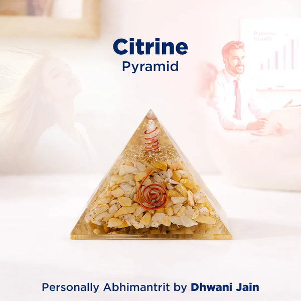 Citrine pyramid with 'Citrine Pyramid' text and 'Personally Abhimantrit by Dhwani Jain' at the bottom.