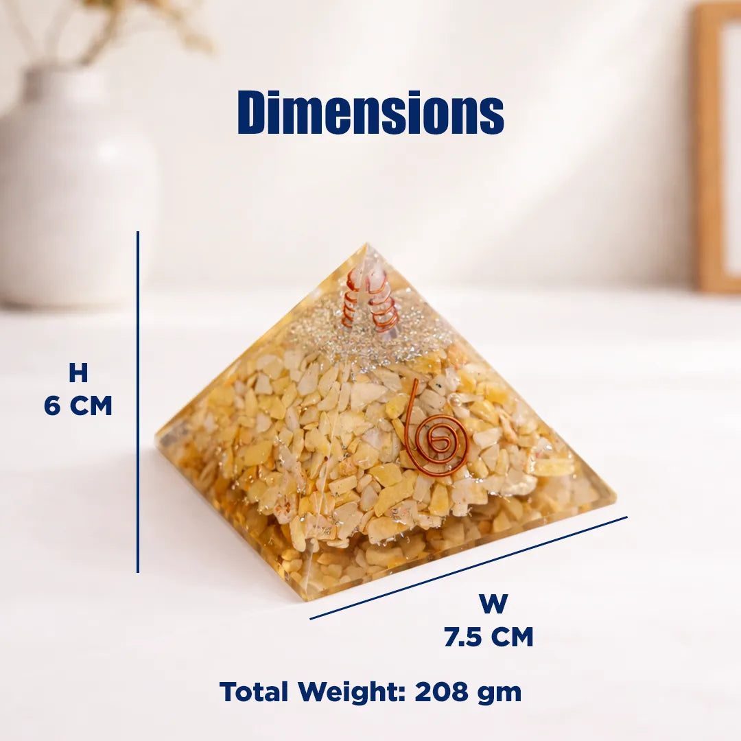 Pyramid-shaped object with dimensions and weight information on a blurred backgroundYellow Aventurine Pyramid – Energy & Manifestation Crystal Pyramid