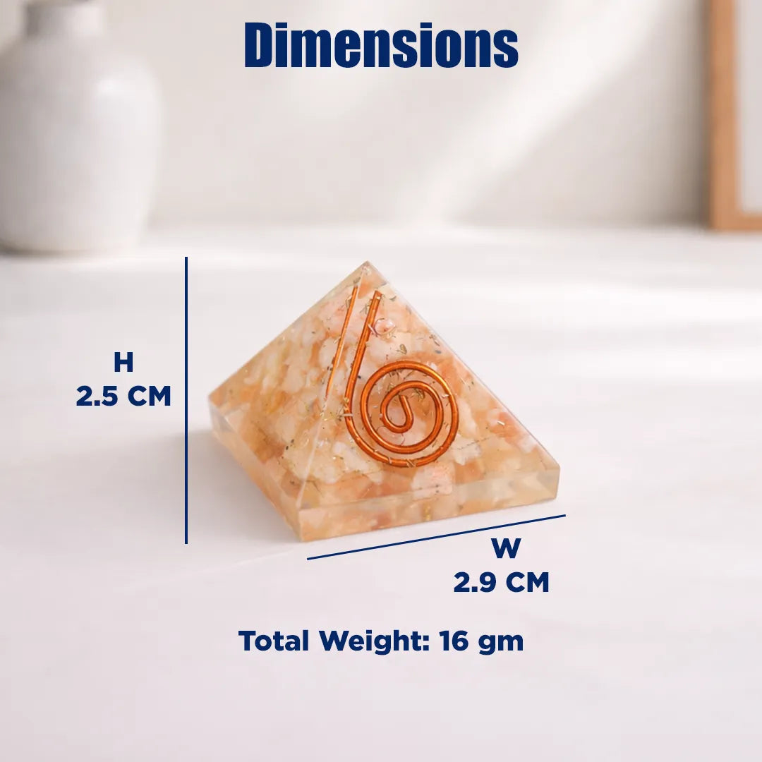 Pyramid-shaped object with dimensions and weight on a white background