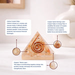 Crystal pyramid with copper spiral and text about crystal properties