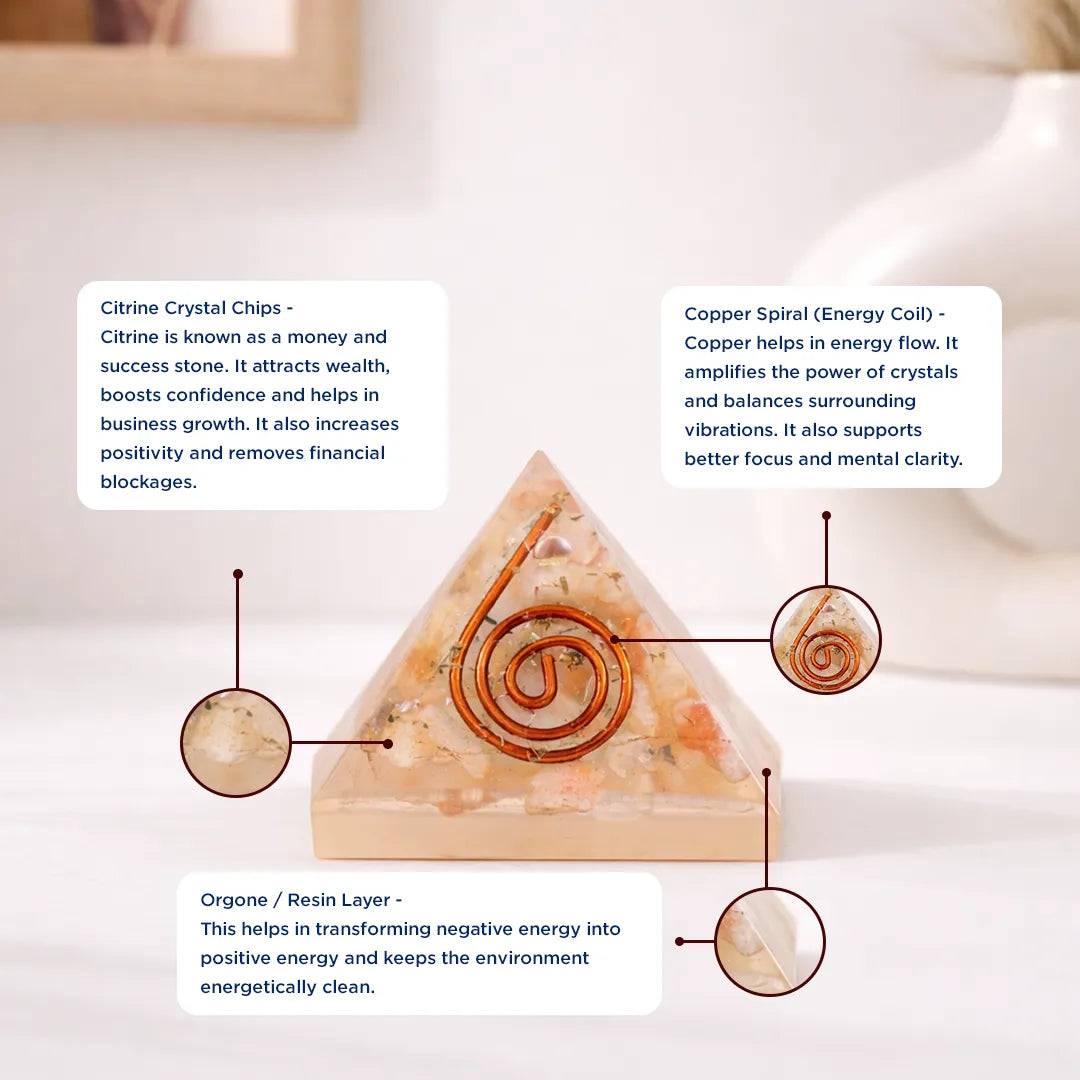 Crystal pyramid with copper spiral and text about crystal propertiesYellow Aventurine Pyramid – Energy & Manifestation Crystal Pyramid