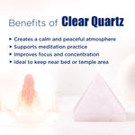 Clear quartz crystal with text listing benefits on a white background