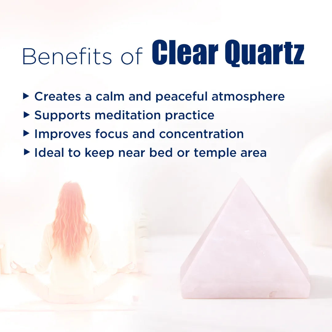 Clear quartz crystal with text listing benefits on a white backgroundClear Quartz Pyramid – Energy Cleansing, Meditation & Focus Crystal Pyramid
