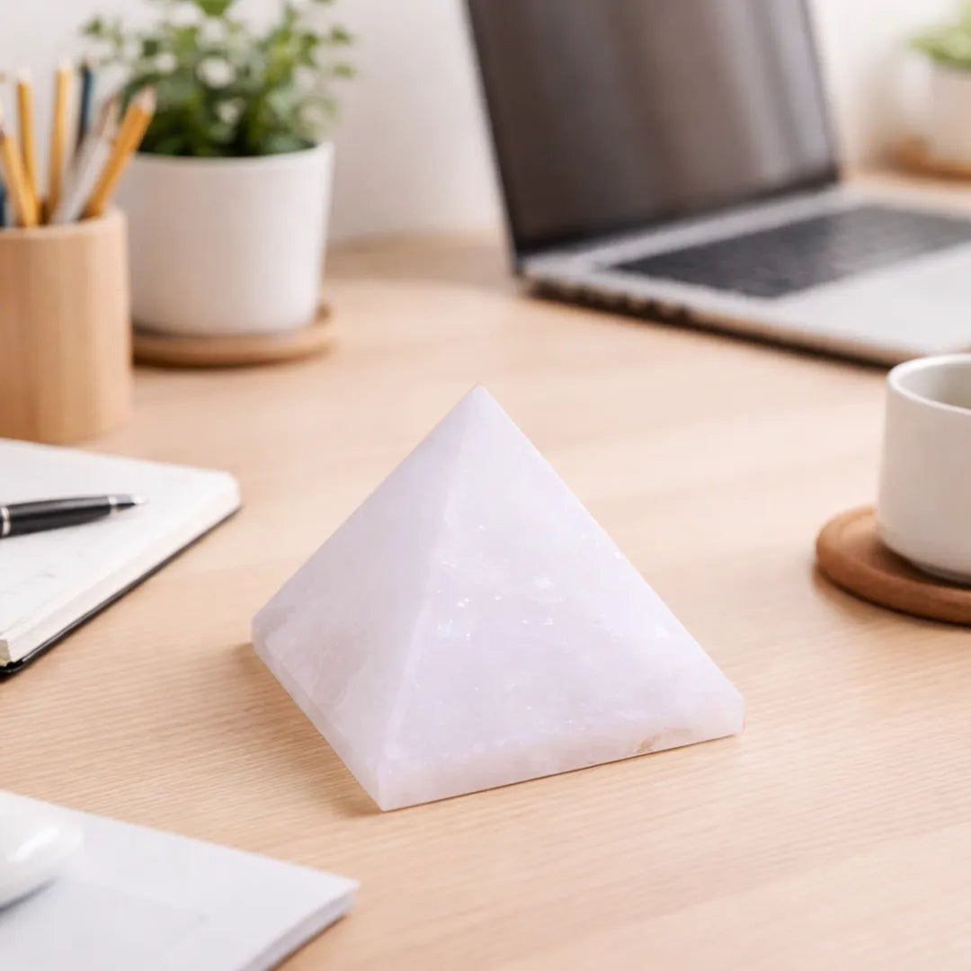 Pyramid-shaped object on a desk with a laptop, notebook, and cup in the backgroundClear Quartz Pyramid – Energy Cleansing, Meditation & Focus Crystal Pyramid