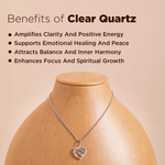 Clear quartz necklace on a mannequin with benefits listed on a beige background