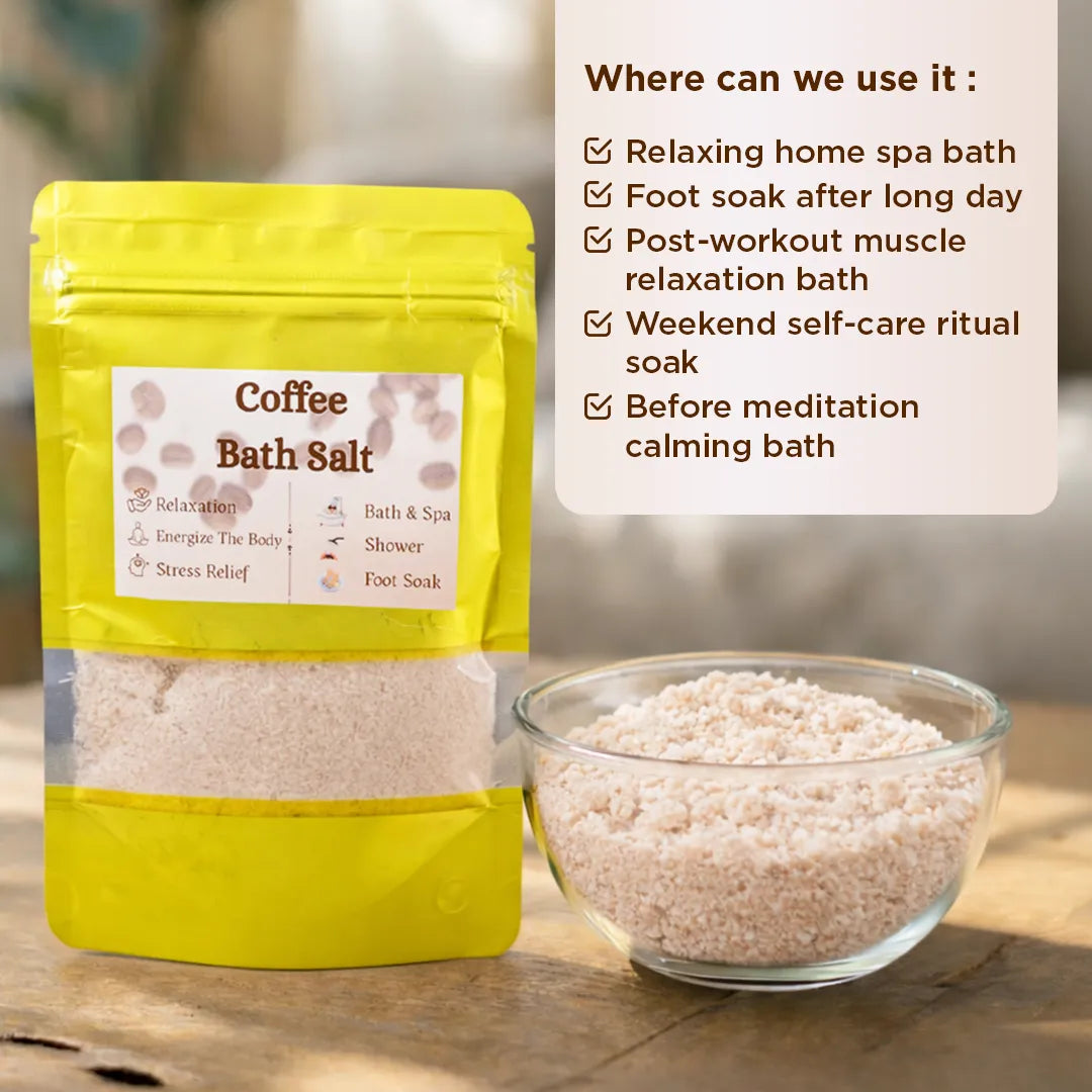Coffee bath salt packaging with a bowl of bath salt on a wooden surfaceCoffee Booster Bath Salt – Refreshing Energy Bath & Skin Revitalizing