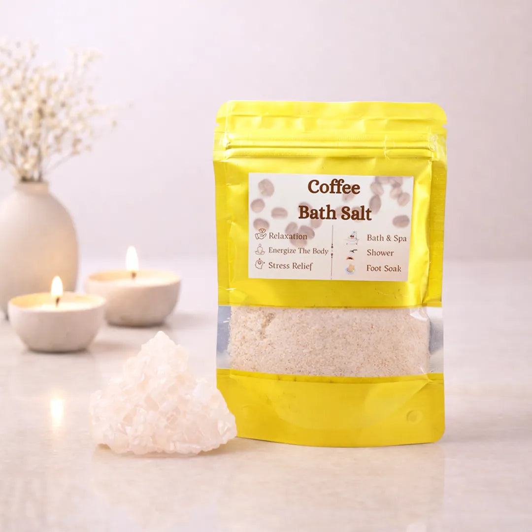 Bag of coffee bath salts with a label on a light backgroundCoffee Booster Bath Salt – Refreshing Energy Bath & Skin Revitalizing