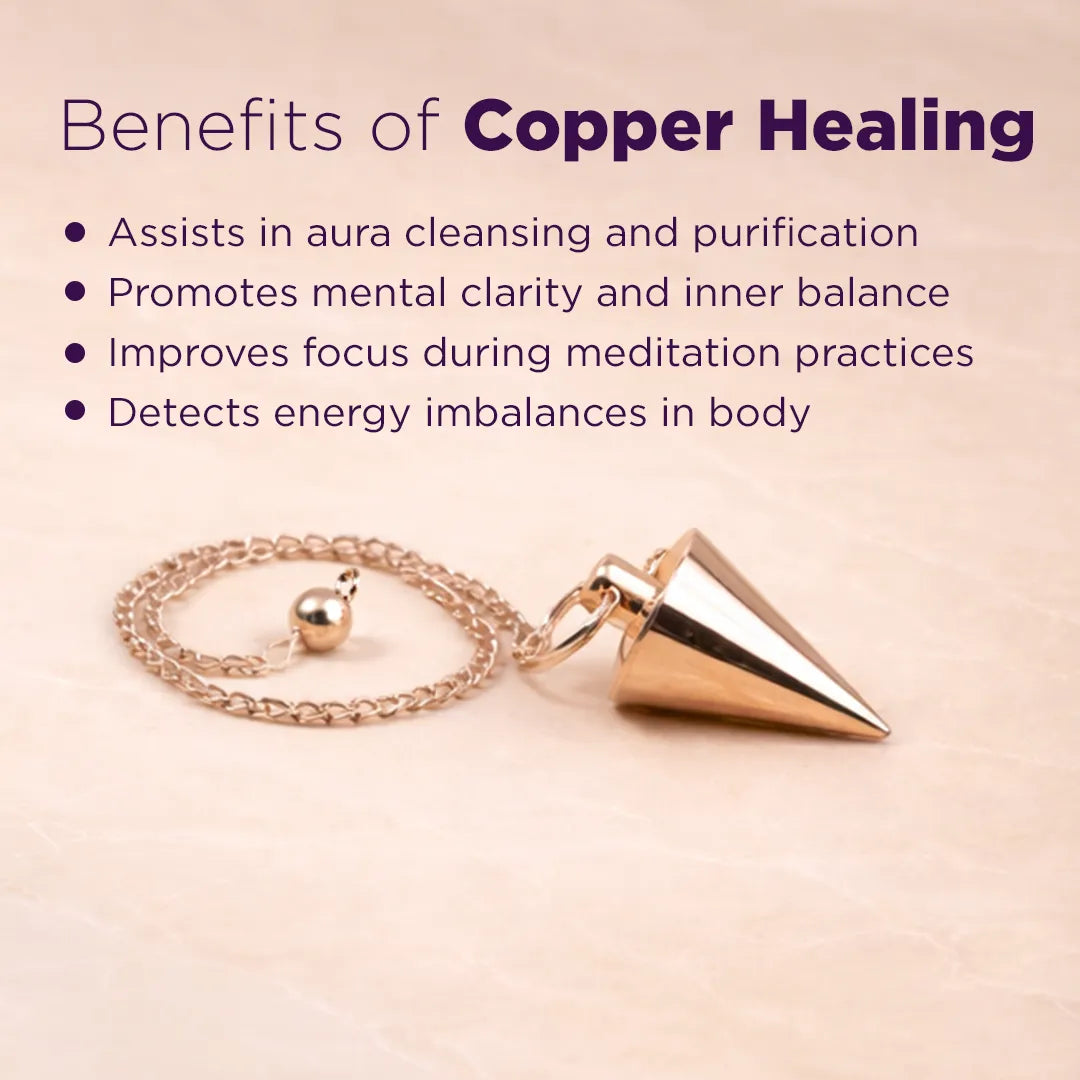 Gold pendant necklace with benefits of copper healing text on a beige backgroundकॉपर हीलिंग पेंडुलम-अभिमंत्रित