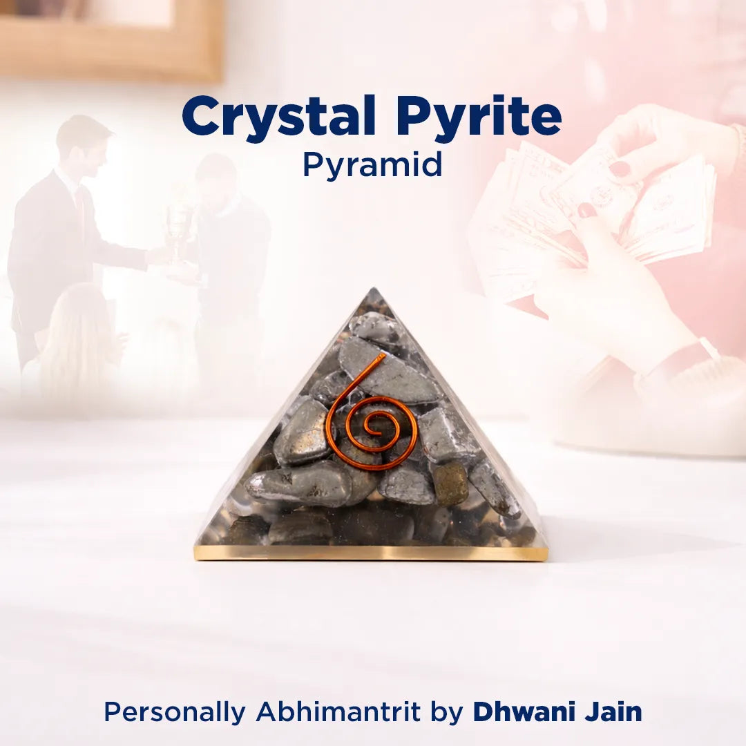 Crystal pyrite pyramid with spiral design on a white background, branded by Dhwani Jain.
