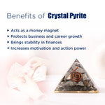 Crystal pyrite pyramid with benefits listed on a white background