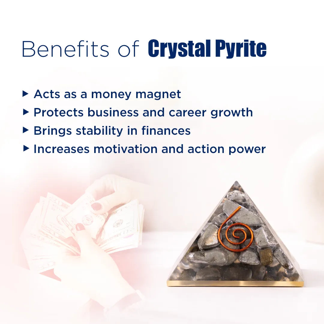 Crystal pyrite pyramid with benefits listed on a white background