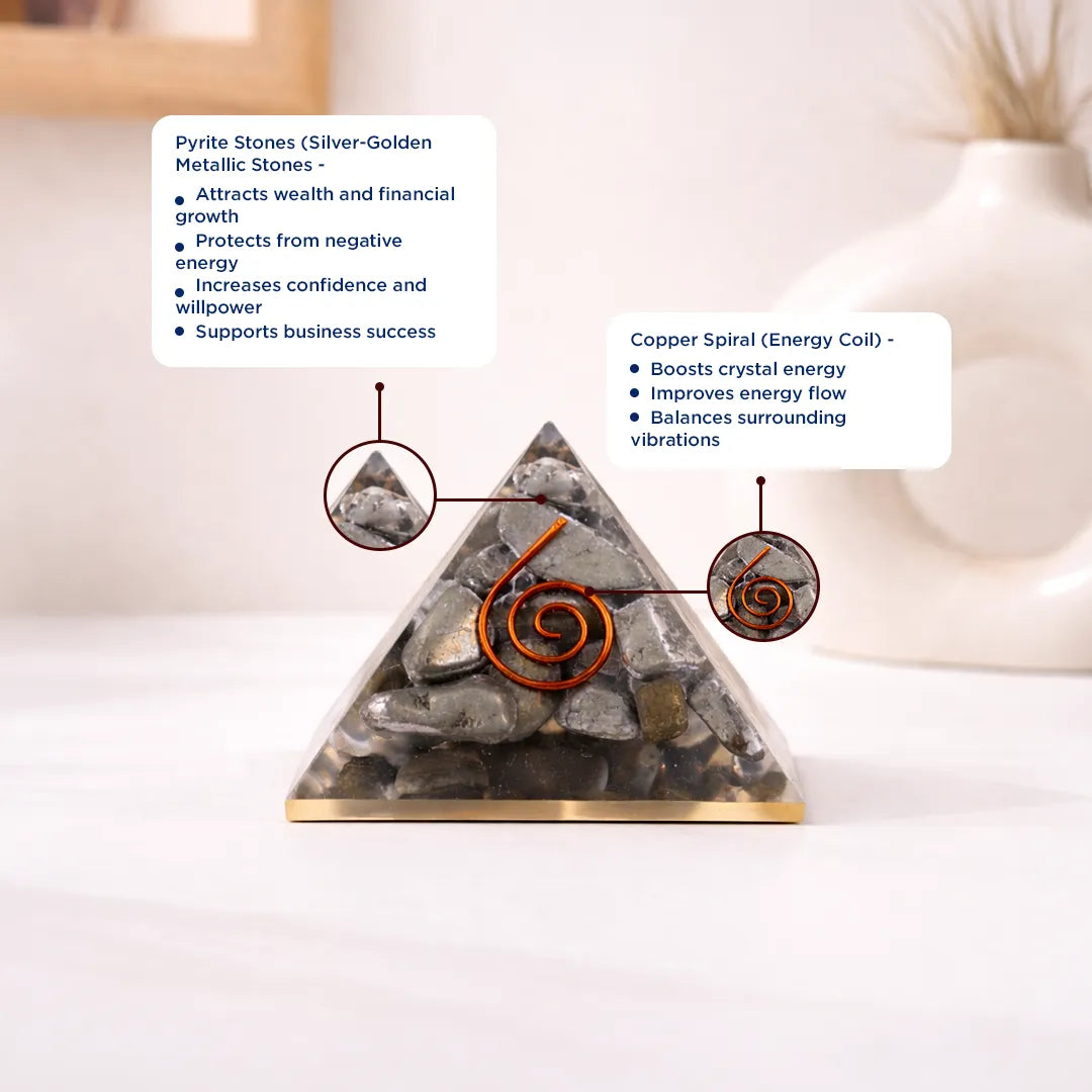 Pyramid-shaped crystal with pyrite stones and copper spiral on a white background