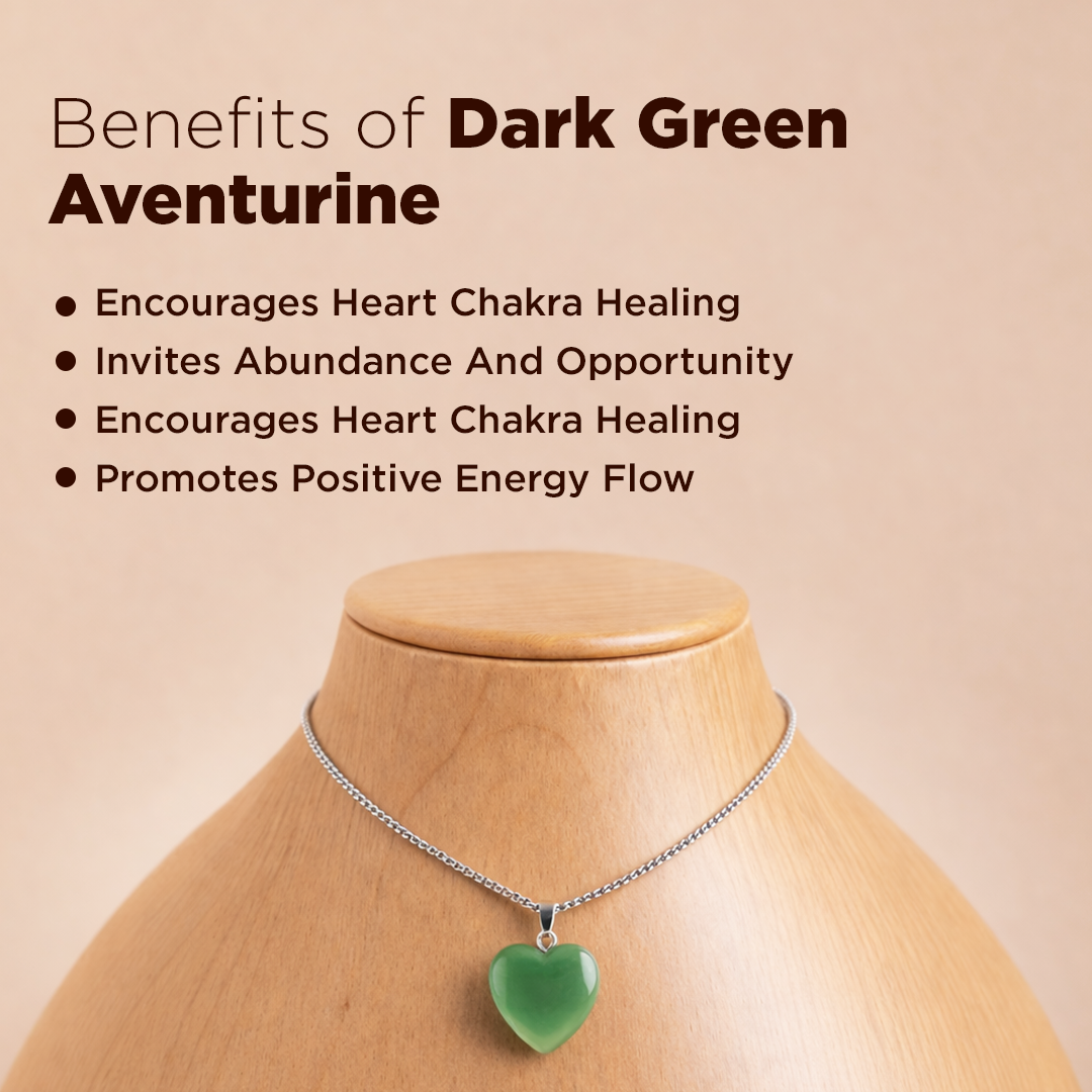 Green aventurine heart pendant on a necklace with text about benefits on a beige background
