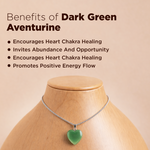 Green aventurine heart pendant on a necklace with text about benefits on a beige background