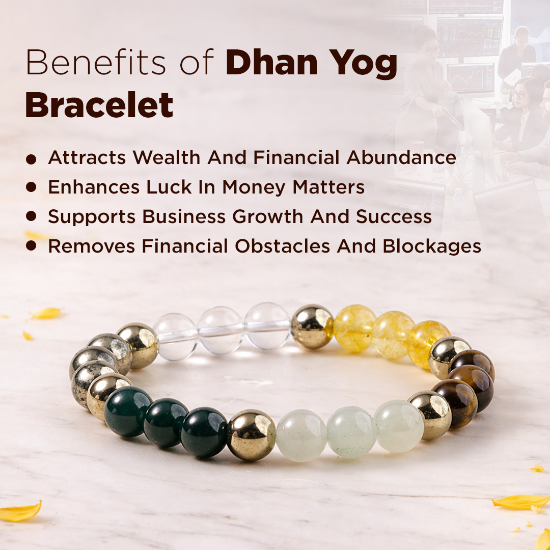 Dhan Yog bracelet with benefits listed on a light background