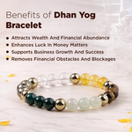 Dhan Yog bracelet with benefits listed on a light background