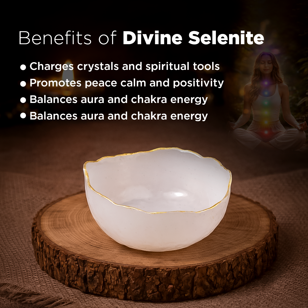 Selenite crystal bowl on a wooden stand with benefits listed above it, blurred figure in the background.
