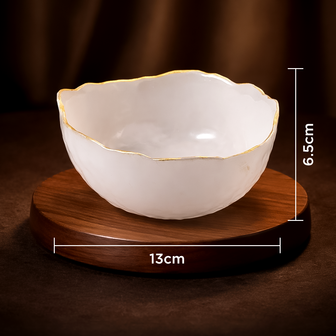 White ceramic bowl with gold rim on a wooden stand, shown with measurements.