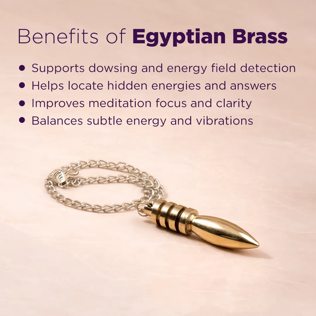 Gold bullet-shaped pendant on a chain with text about Egyptian Brass benefits on a pink background