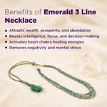 Emerald 3 line necklace with benefits listed on a soft beige background