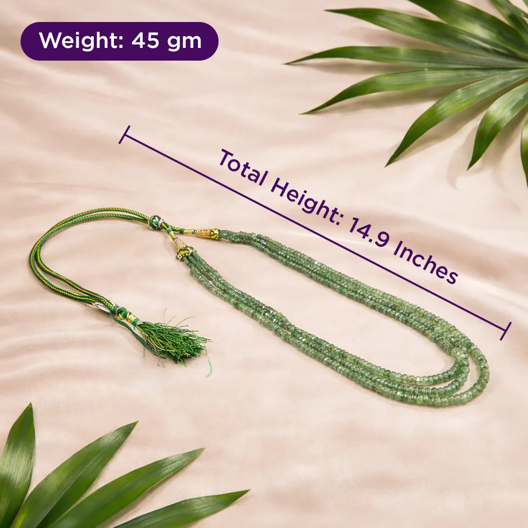 Green beaded necklace with measurements on a beige backgroundEmerald 3 Line Necklace for Prosperity, Love & Clarity
