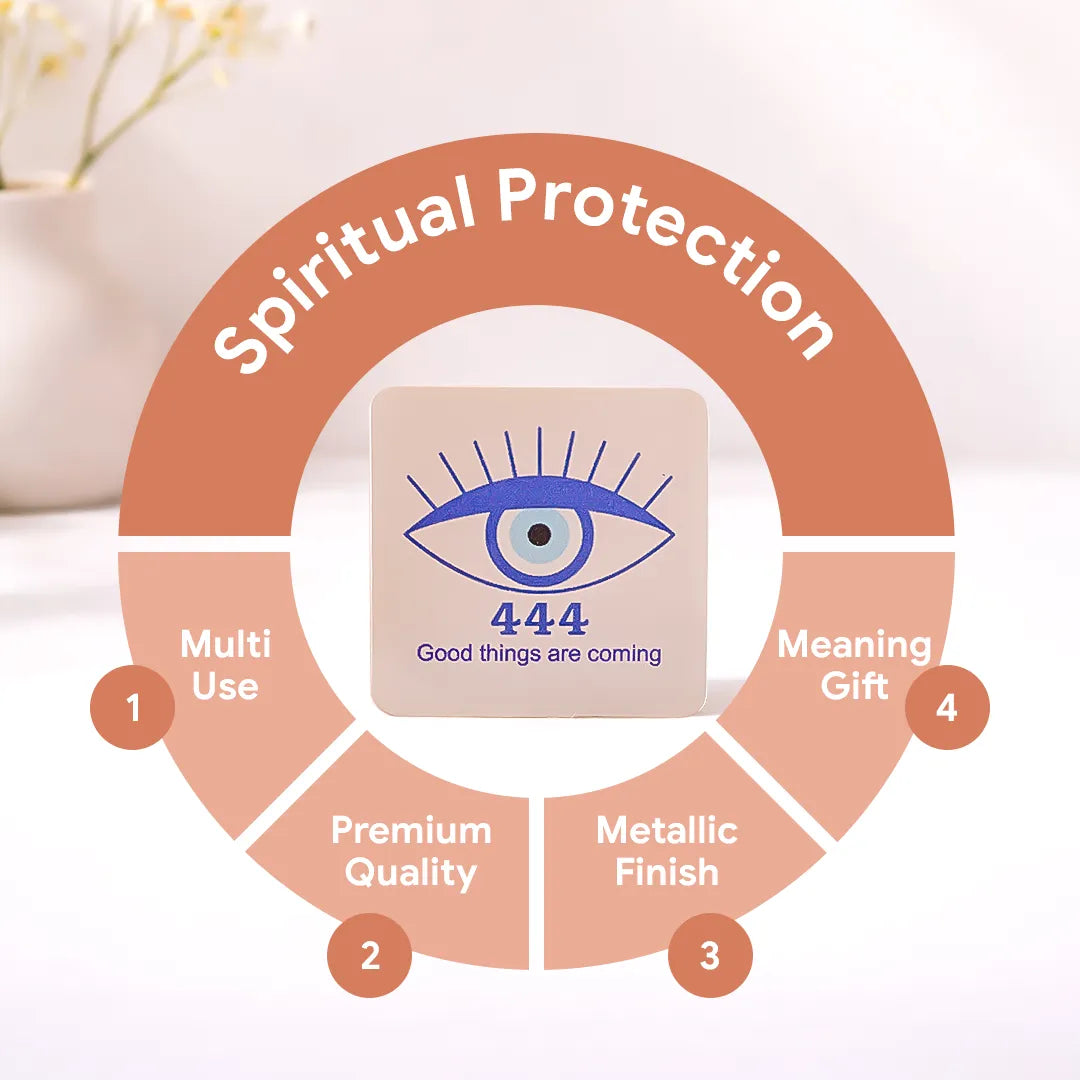 Product with eye design and '444' symbol, surrounded by text on a white background