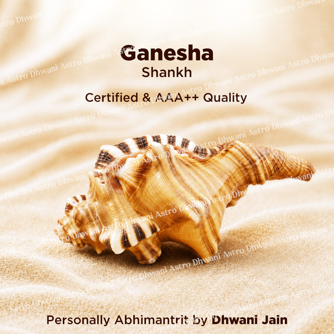 Shell on sand with 'Ganesha Shankh' text and branding