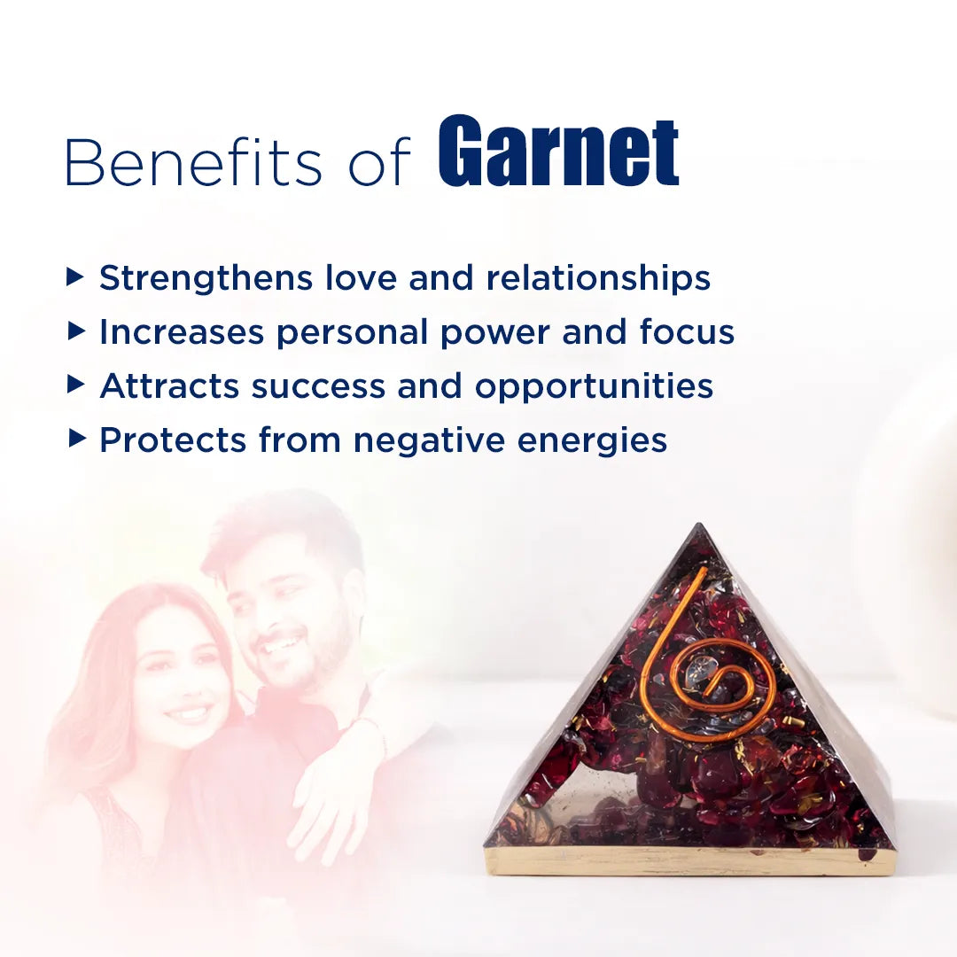 Garnet crystal pyramid with benefits listed on a white background