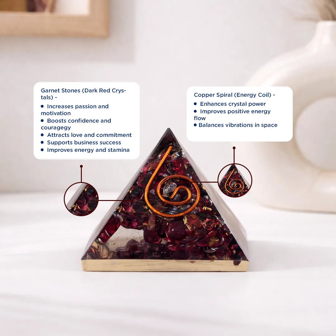 Triangular crystal organizer with garnet stones and copper spiral on a white surface