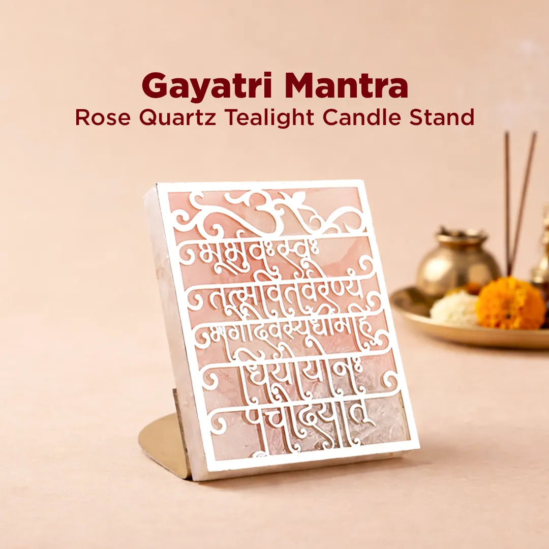 Rose Quartz Tealight Candle Stand with Gayatri Mantra design on a beige background