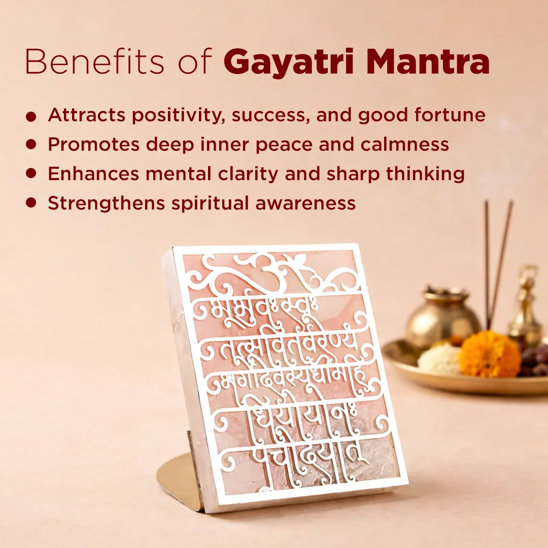 Gayatri Mantra plaque with benefits listed on a decorative backgroundGayatri Mantra Rose Quartz Candle Stand for Peace & Spiritual Growth