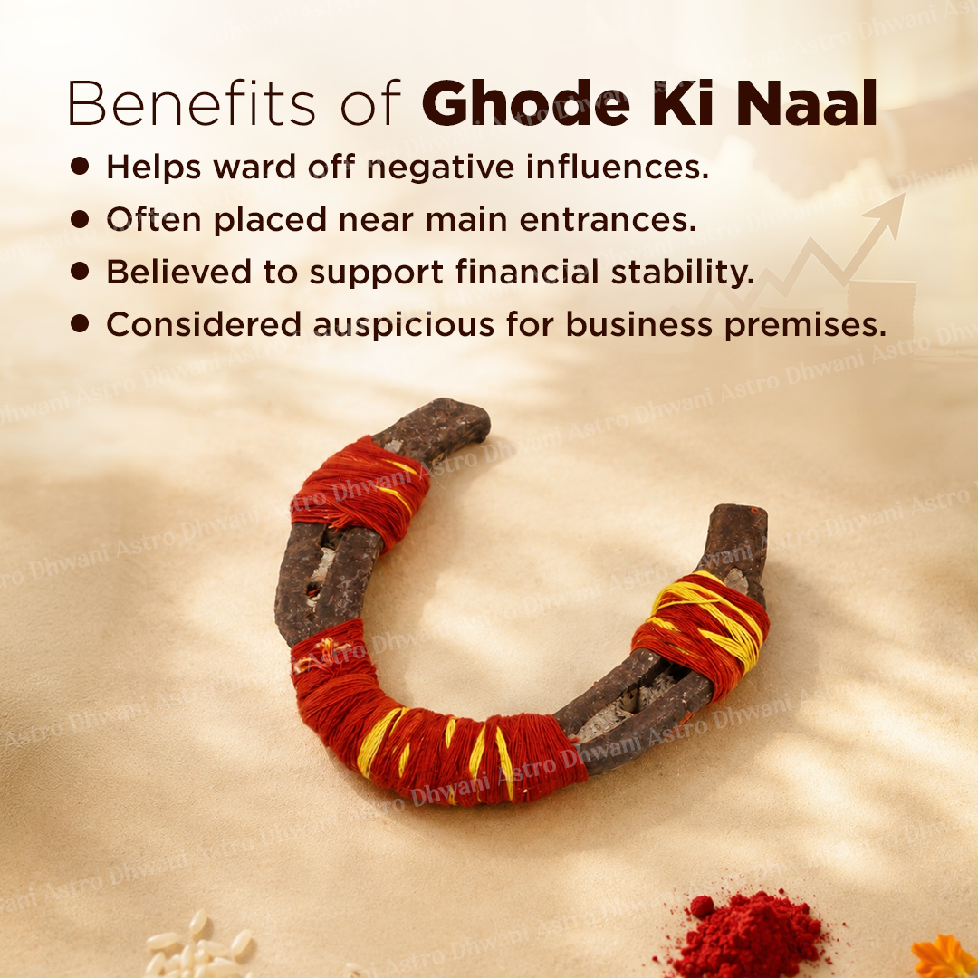 A U-shaped ghode ki naal decorated with red and yellow thread wrapping, shown on a beige background with promotional text about its benefits for warding off negative influences and supporting financial stability.