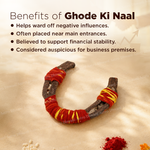 A U-shaped ghode ki naal decorated with red and yellow thread wrapping, shown on a beige background with promotional text about its benefits for warding off negative influences and supporting financial stability.
