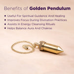 Gold pendulum on a pink background with text listing benefits