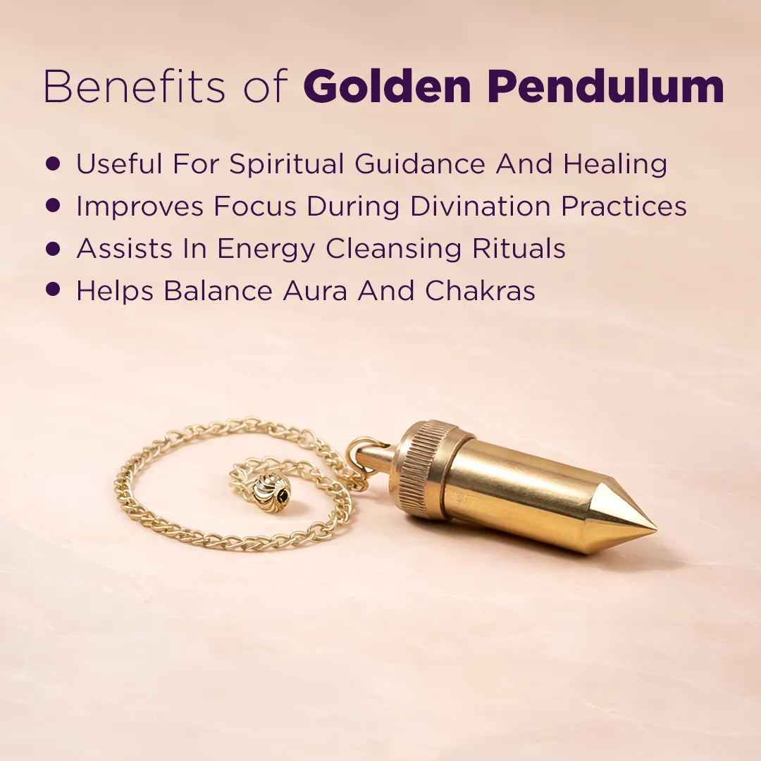 Gold pendulum on a pink background with text listing benefitsGolden Pendulum for Prosperity, Clarity & Dowsing - Abhimantrit