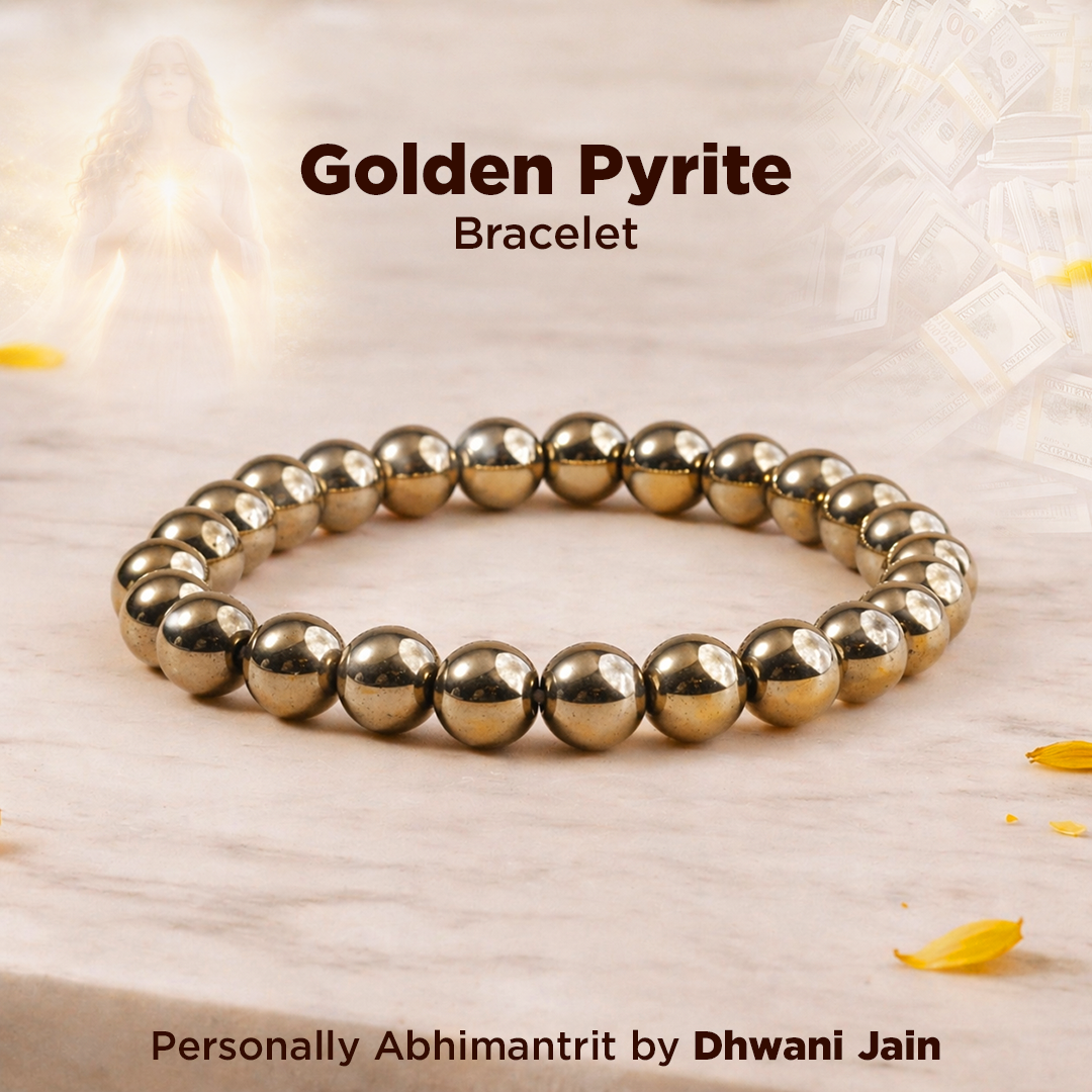 Gold beaded bracelet on a light wooden surface with 'Golden Pyrite Bracelet' text.