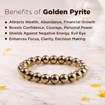 Gold beaded bracelet with benefits of golden pyrite text on a light background