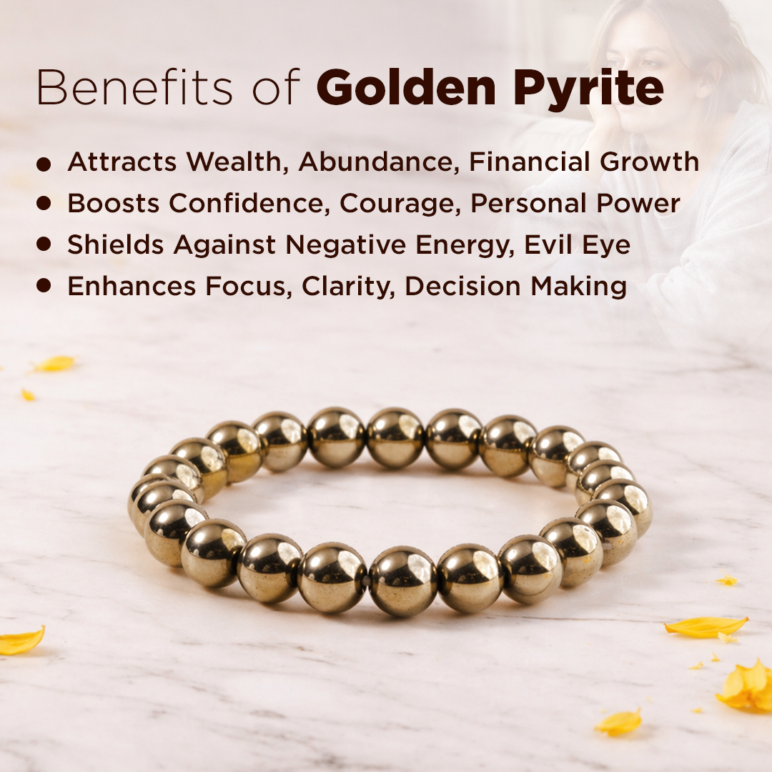 Gold beaded bracelet with benefits of golden pyrite text on a light background
