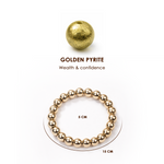 Gold bead and bracelet with 'Golden Pyrite' text on a white background