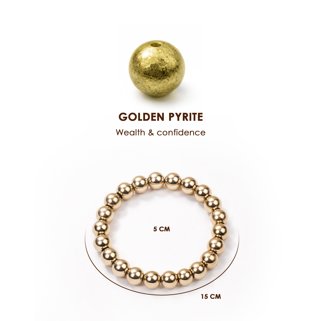 Gold bead and bracelet with 'Golden Pyrite' text on a white backgroundFame & Fortune Attract: Golden Pyrite Bracelet - Abhimantrit & Certified
